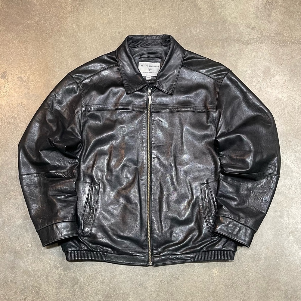 Vintage Boston Harbour Leather Jacket Black Mens Zip Up Distressed